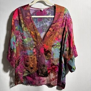 CCC Silk Rayon Colorful Floral‎ Burnout Velvet Floral Sheer Blouse M Boho Fairy